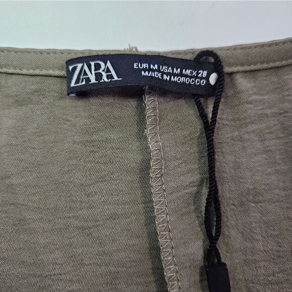 ZARA Fluid Knot Sage Green 3/4 Sleeve Draped Pleated Front Slit Midi Dress M - Picture 11 of 13